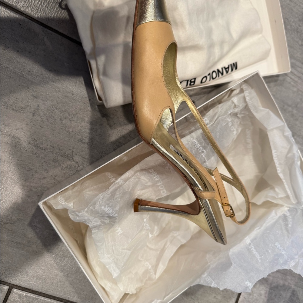 Manolo Blahnik Nude and Silver Pointed-Toe Slingback Heels - Picture 9 of 16